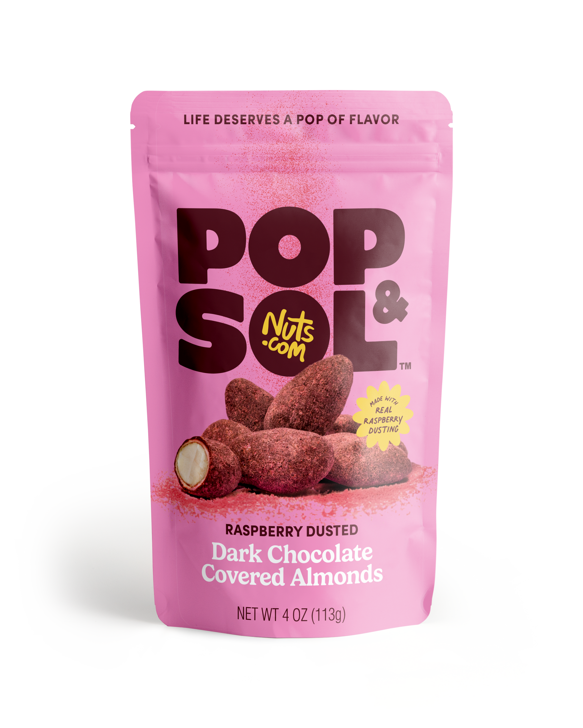Raspberry Dusted Dark Chocolate Covered Almonds