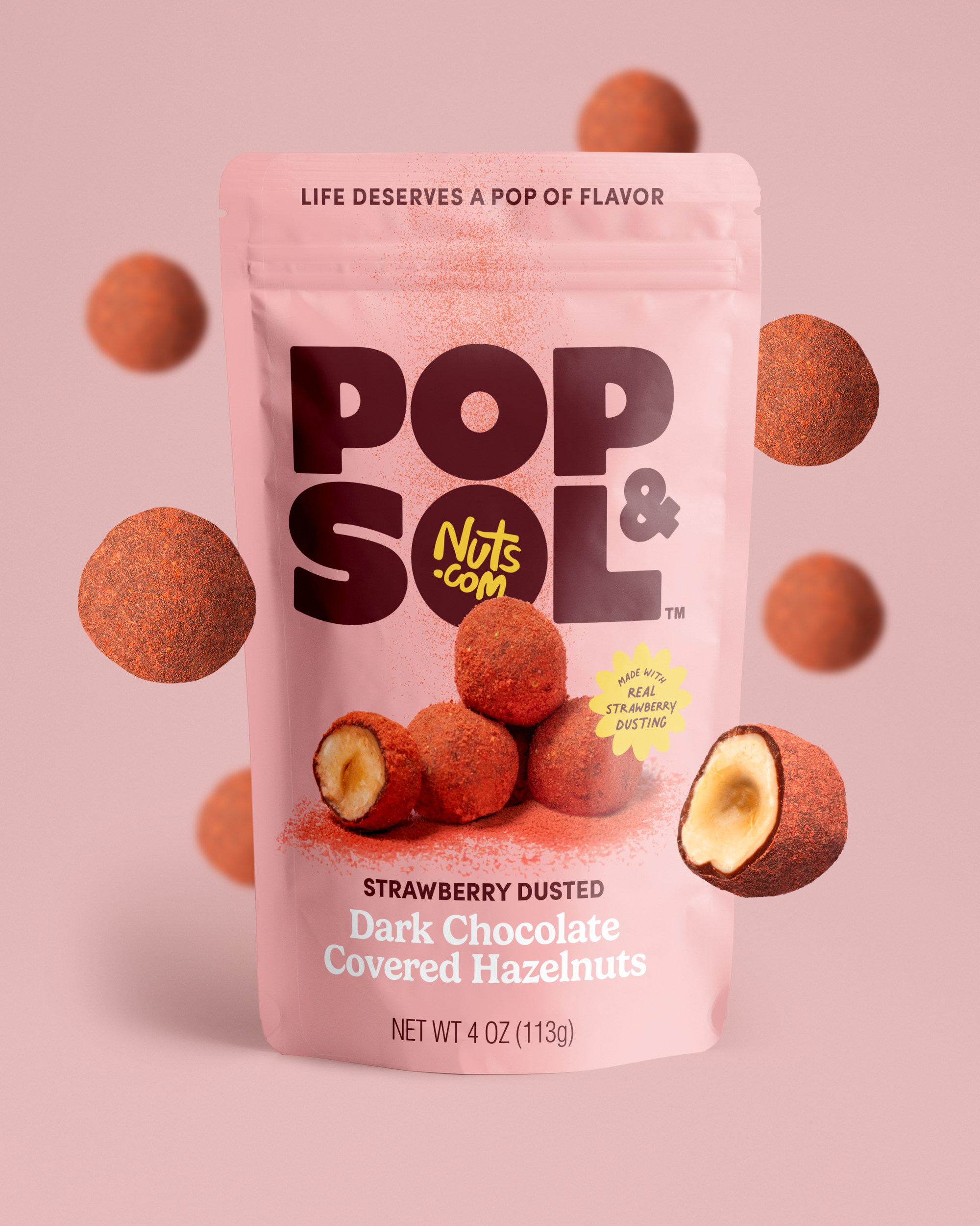 Strawberry Dusted Dark Chocolate Covered Hazelnuts