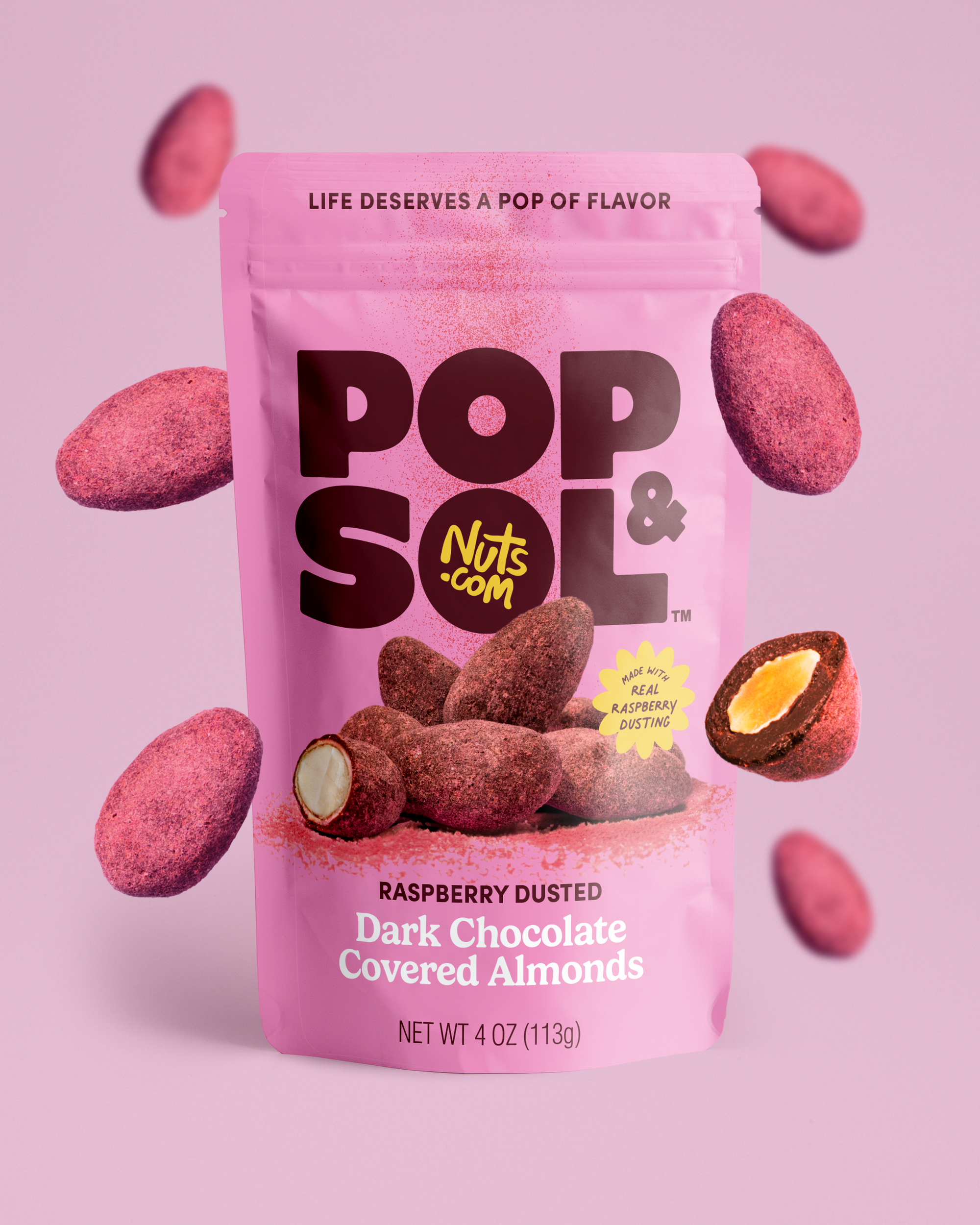 Raspberry Dusted Dark Chocolate Covered Almonds